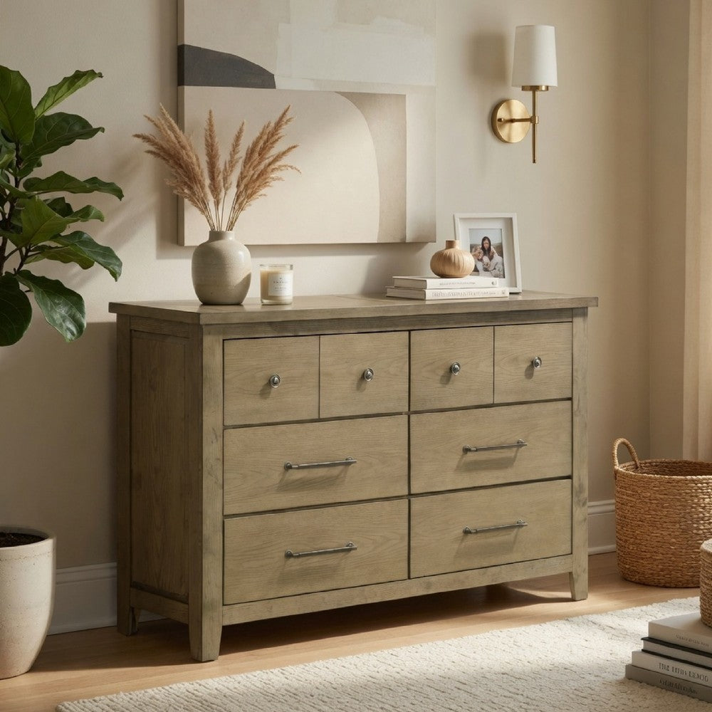 Hazel Wide Dresser | 6 Drawers | Antique Nickel Metal | Oak Brown Wood