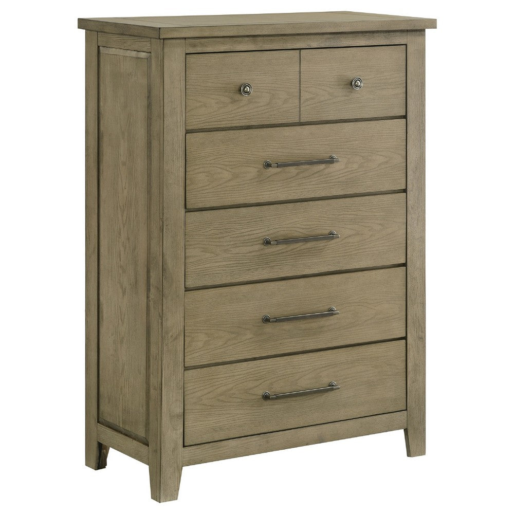 Hazel Tall Dresser Chest | 5 Drawers | Antique Nickel Metal | Oak Brown Wood