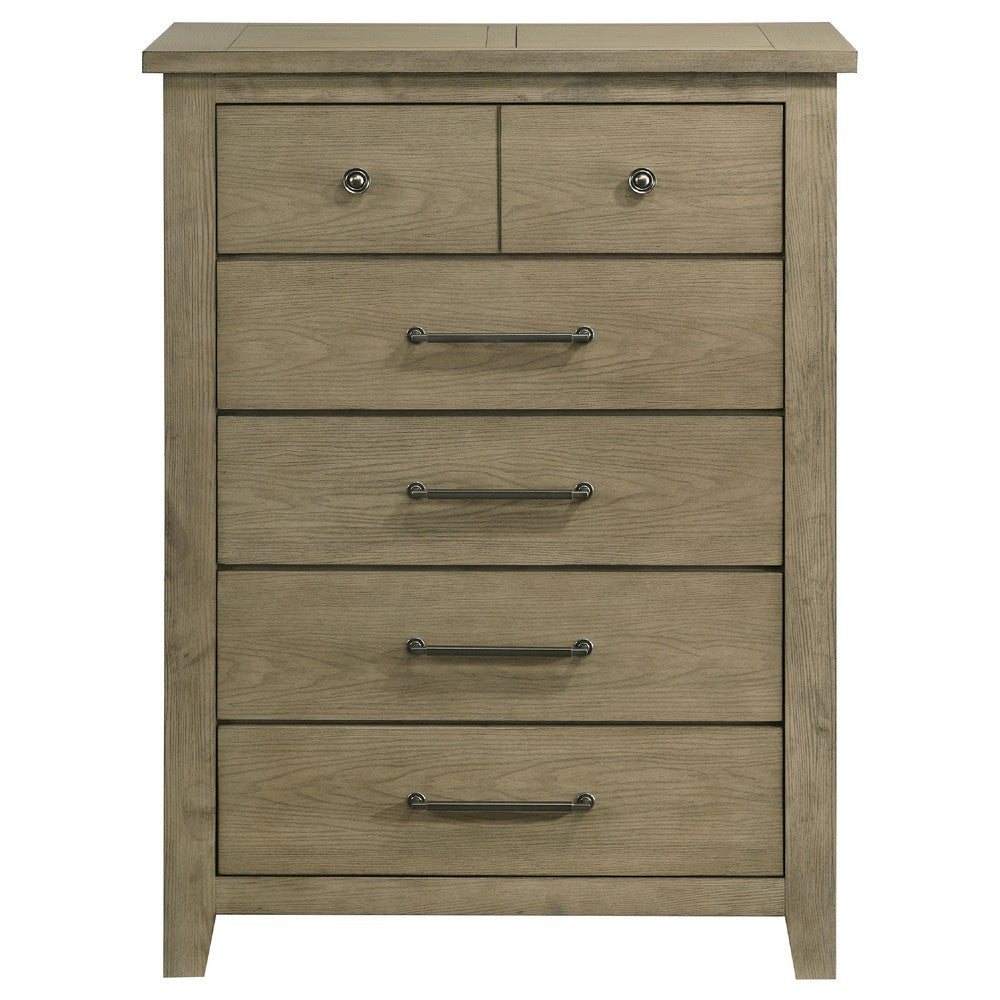 Hazel Tall Dresser Chest | 5 Drawers | Antique Nickel Metal | Oak Brown Wood