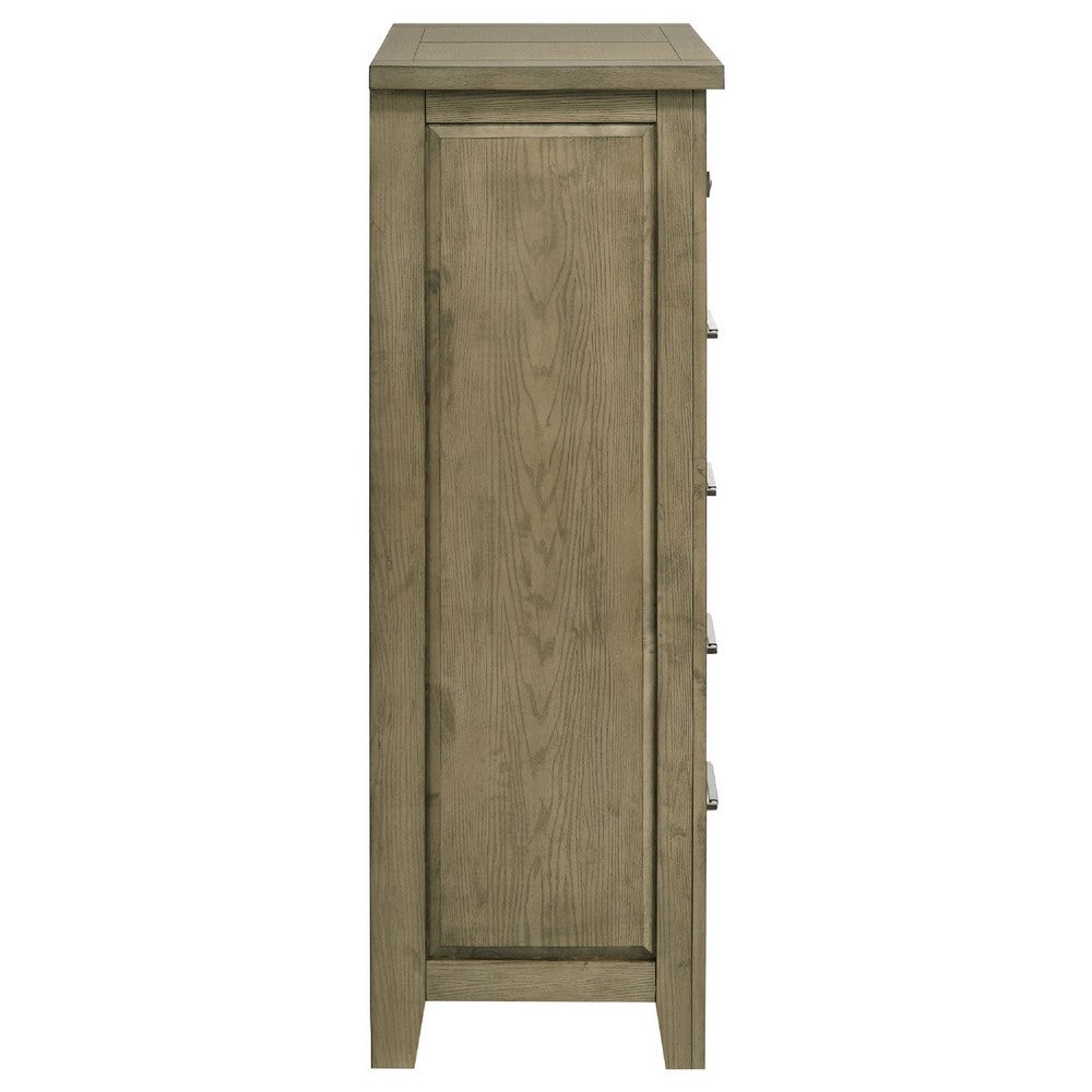 Hazel Tall Dresser Chest | 5 Drawers | Antique Nickel Metal | Oak Brown Wood