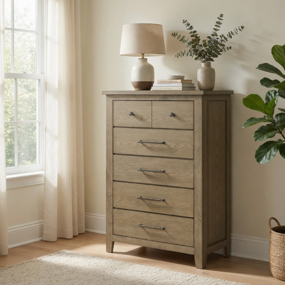 Hazel Tall Dresser Chest | 5 Drawers | Antique Nickel Metal | Oak Brown Wood