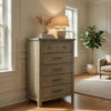 Hazel Tall Dresser Chest | 5 Drawers | Antique Nickel Metal | Oak Brown Wood