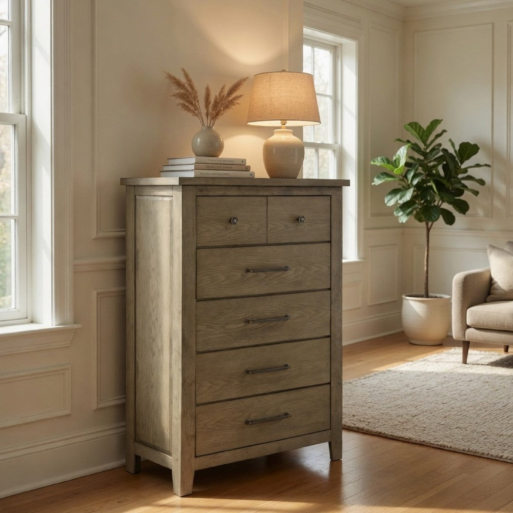 Hazel Tall Dresser Chest | 5 Drawers | Antique Nickel Metal | Oak Brown Wood