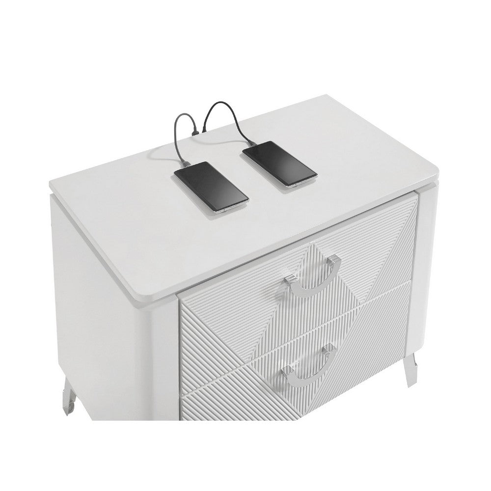 Ivana Nightst& with 2 Drawers | White Geometric Texture Wood 25"