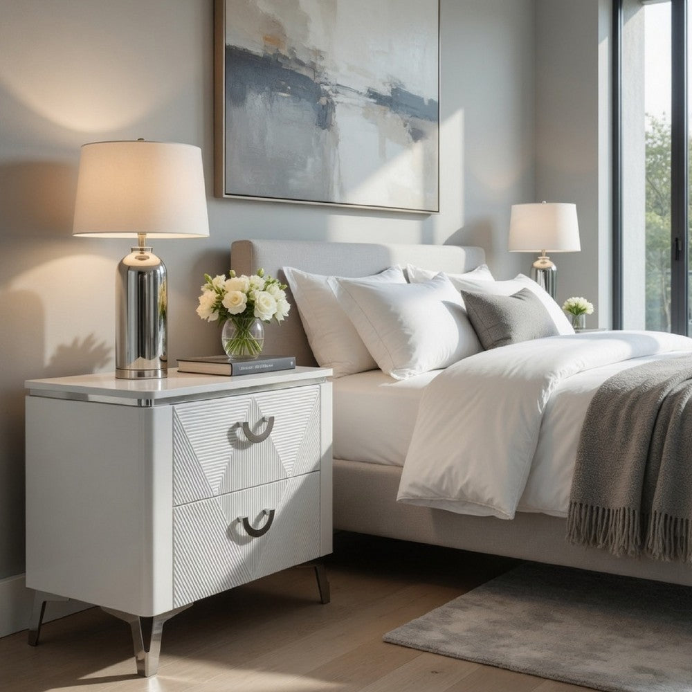 Ivana Nightst& with 2 Drawers | White Geometric Texture Wood 25"