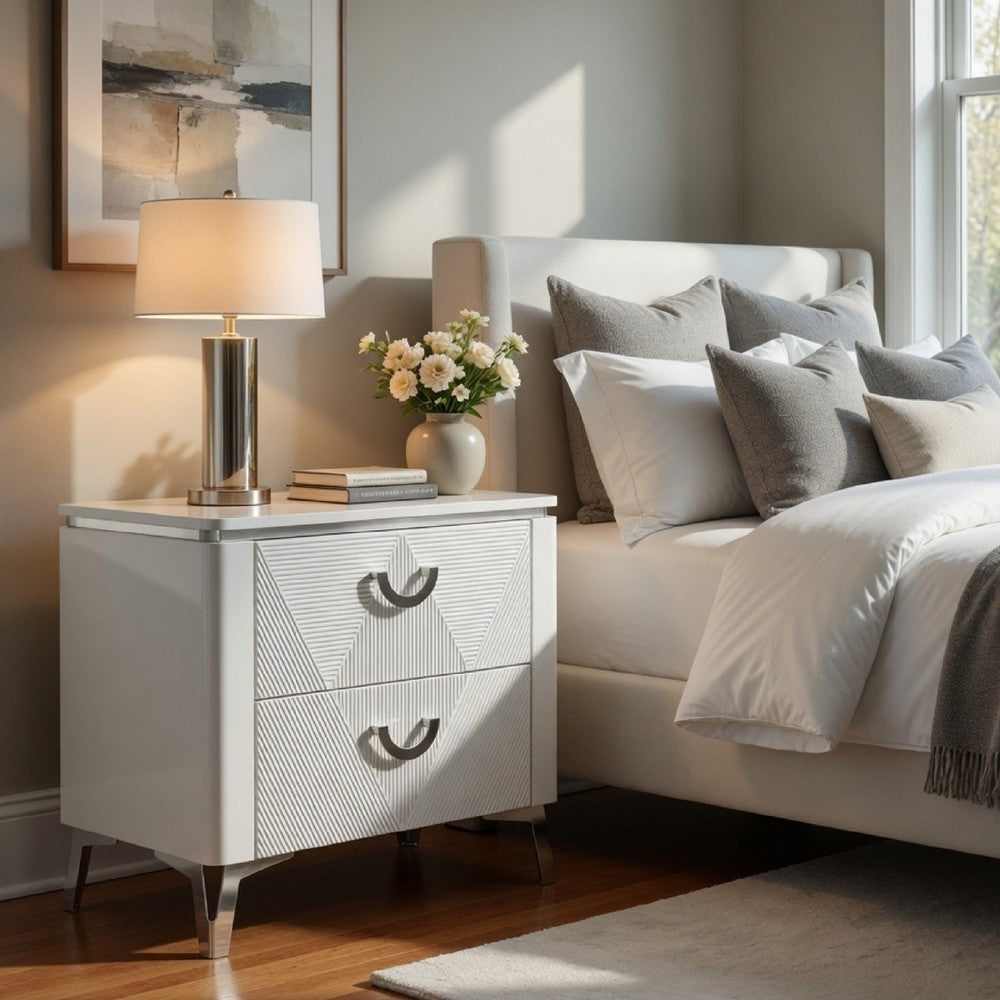 Ivana Nightst& with 2 Drawers | White Geometric Texture Wood 25"