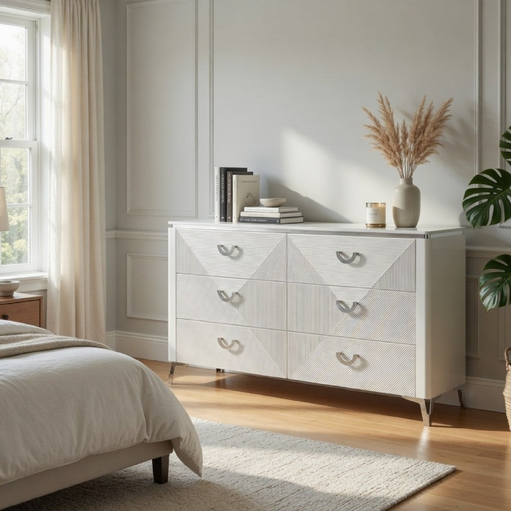 Ivana 63" Wide Dresser with 6 Drawers | Geometric Front | White Wood
