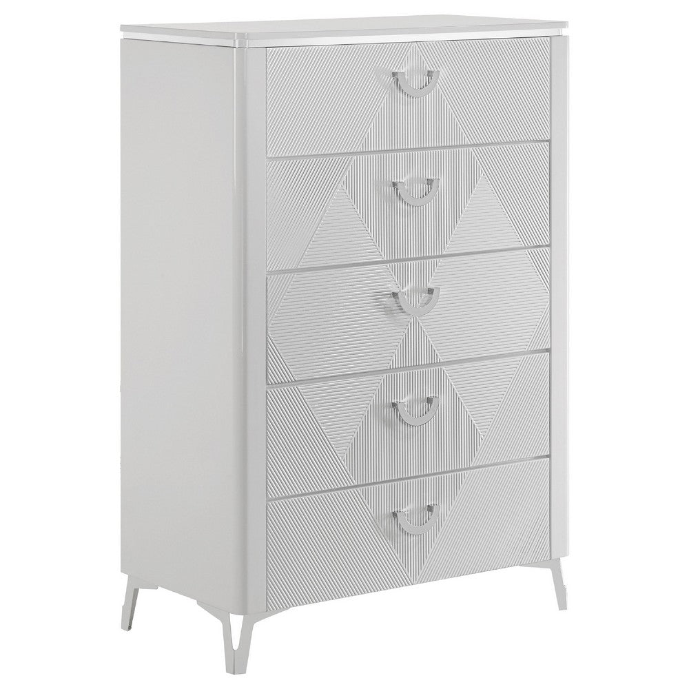Ivana Tall Dresser Chest with 5 Drawers | Geometric Front | White Wood