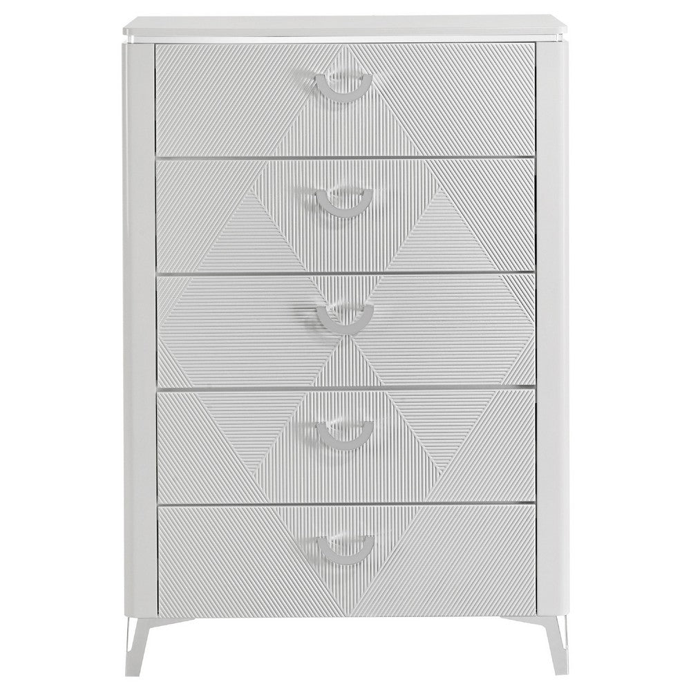 Ivana Tall Dresser Chest with 5 Drawers | Geometric Front | White Wood
