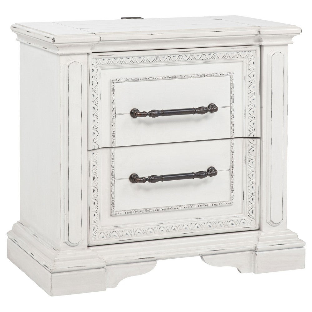 Jenie Nightst& | 2 Drawer & USB Port | Vintage White Wood 32"