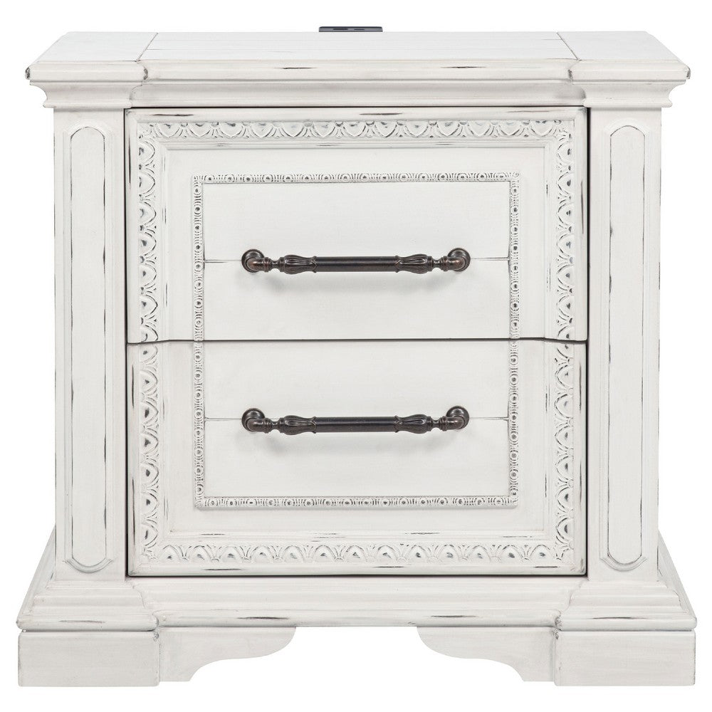 Jenie Nightst& | 2 Drawer & USB Port | Vintage White Wood 32"