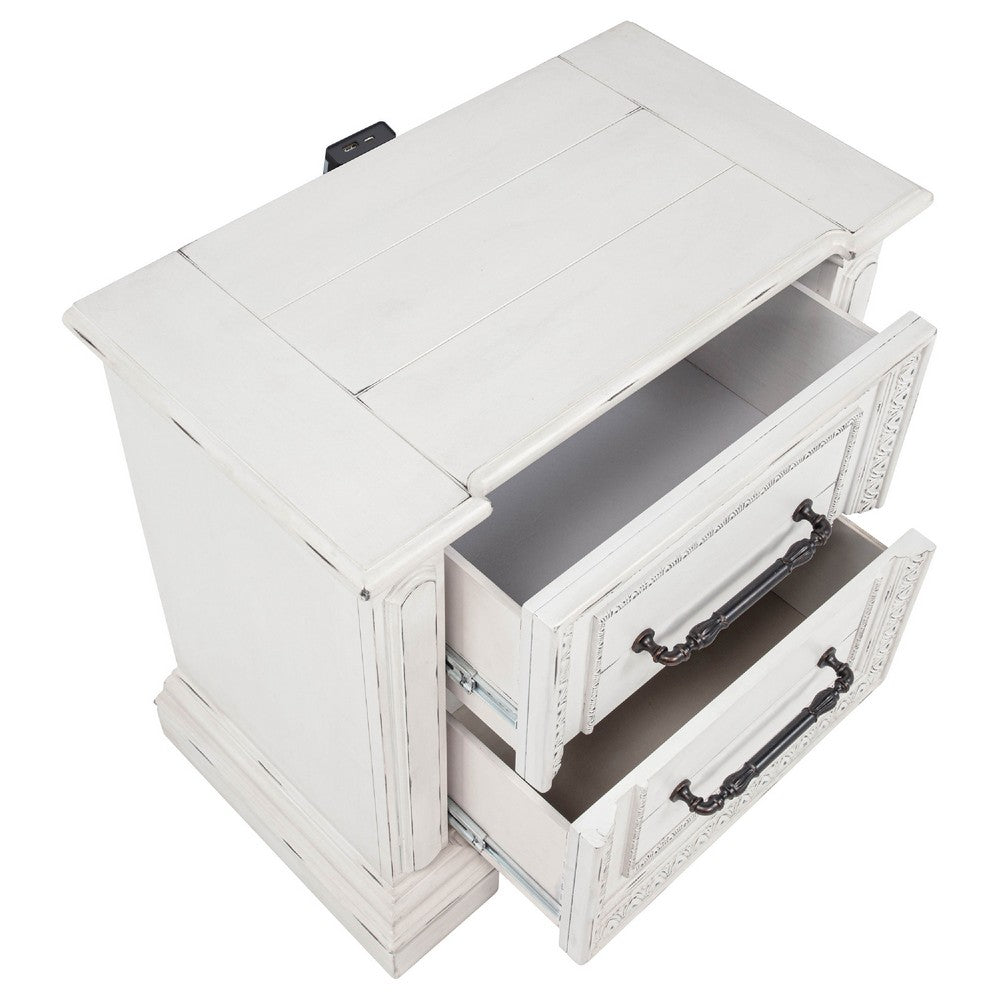 Jenie Nightst& | 2 Drawer & USB Port | Vintage White Wood 32"