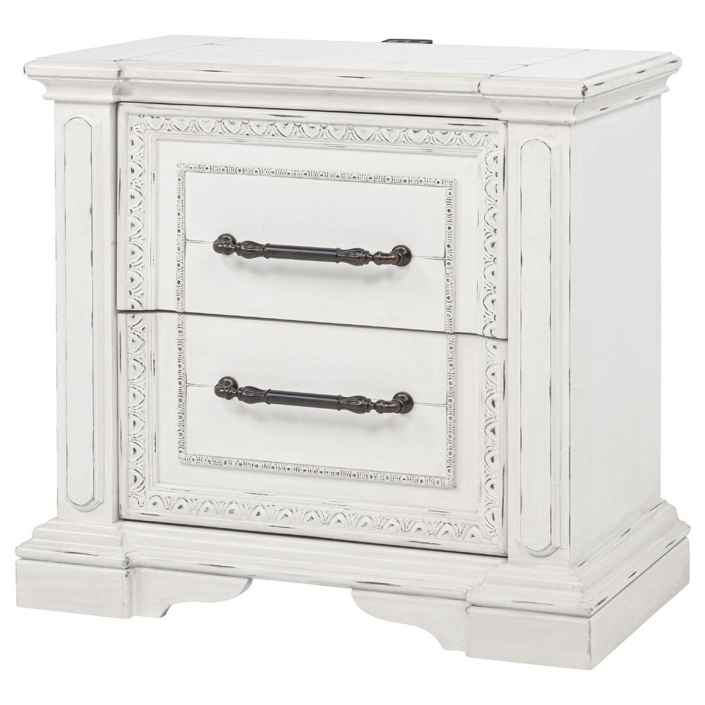 Jenie Nightst& | 2 Drawer & USB Port | Vintage White Wood 32"