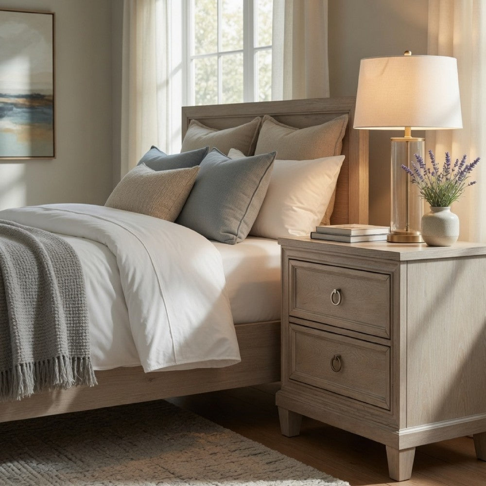 Kylie Nightst& with 2 Drawers | Tapered Legs | Washed Oak Wood 27"