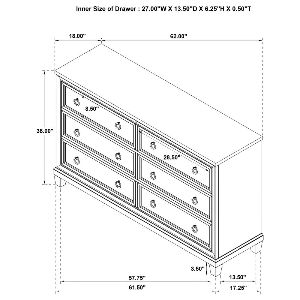 Kylie Wide Dresser with 6 Drawers | Stepped Trim | Washed Oak Wood