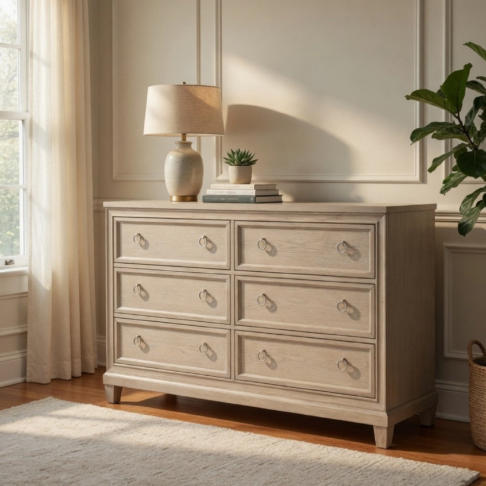 Kylie Wide Dresser with 6 Drawers | Stepped Trim | Washed Oak Wood