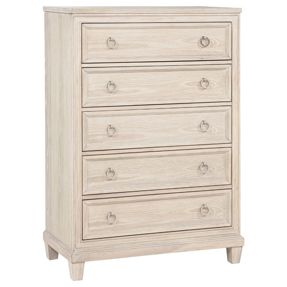 Kylie Tall Dresser Chest with 5 Drawers | Stepped Trim | Washed Oak Wood