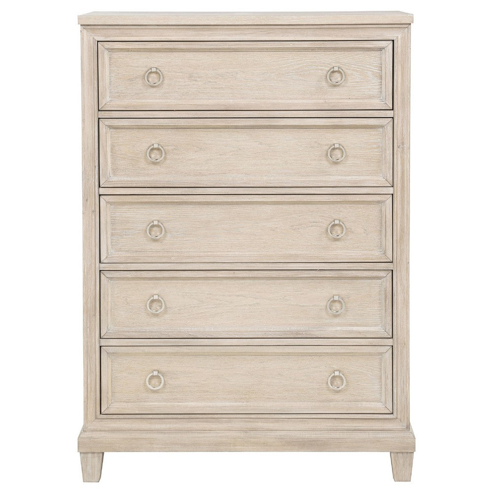 Kylie Tall Dresser Chest with 5 Drawers | Stepped Trim | Washed Oak Wood