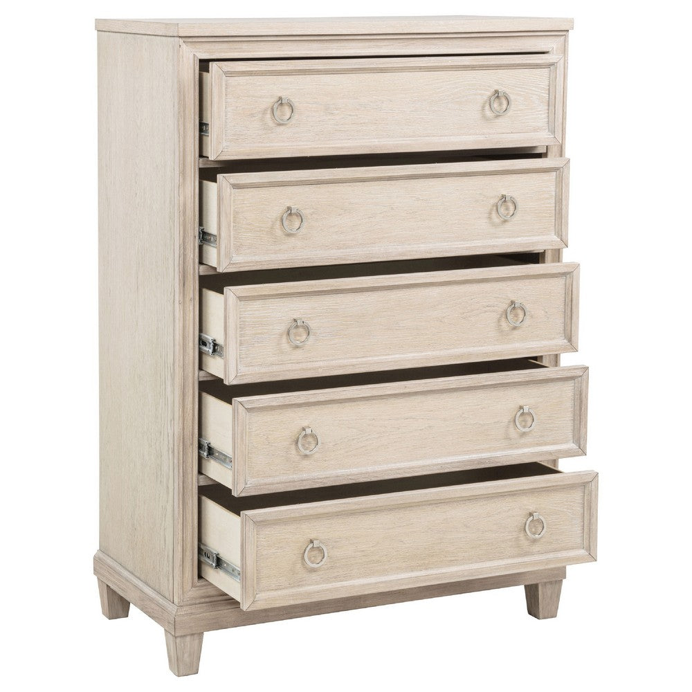 Kylie Tall Dresser Chest with 5 Drawers | Stepped Trim | Washed Oak Wood