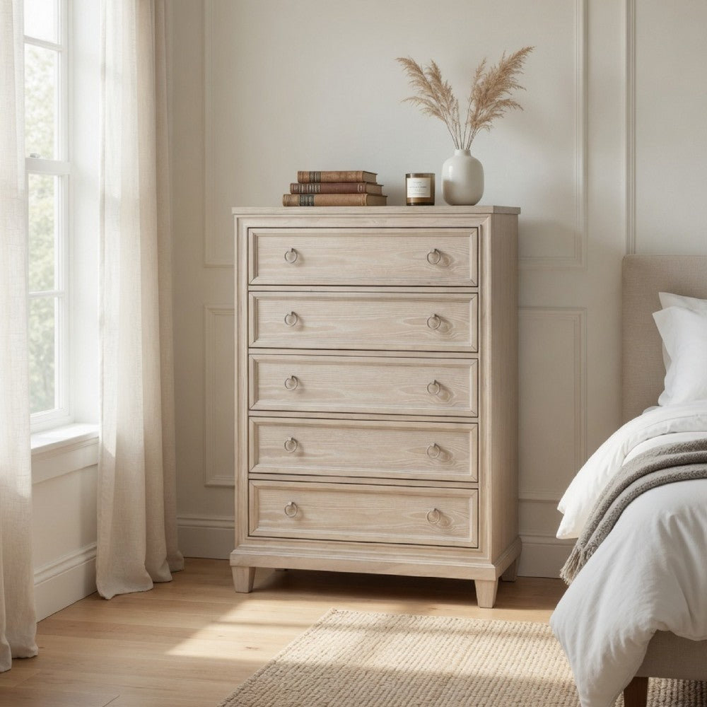 Kylie Tall Dresser Chest with 5 Drawers | Stepped Trim | Washed Oak Wood