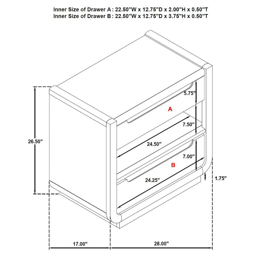 Lina Nightst& with 2 Drawers | LED Light | Dual USB Port | Black Wood
