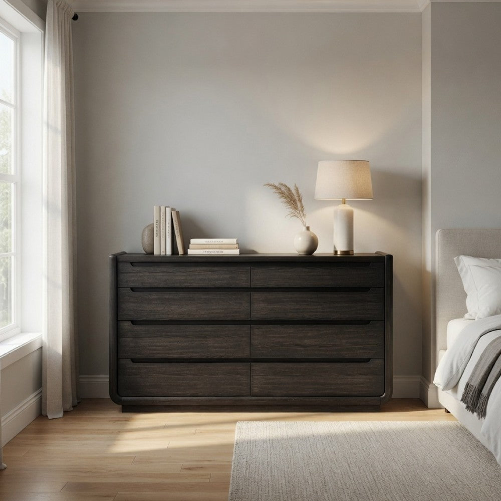 Lina Wide Dresser with 8 Drawers | Integrated H&les | Black Wood
