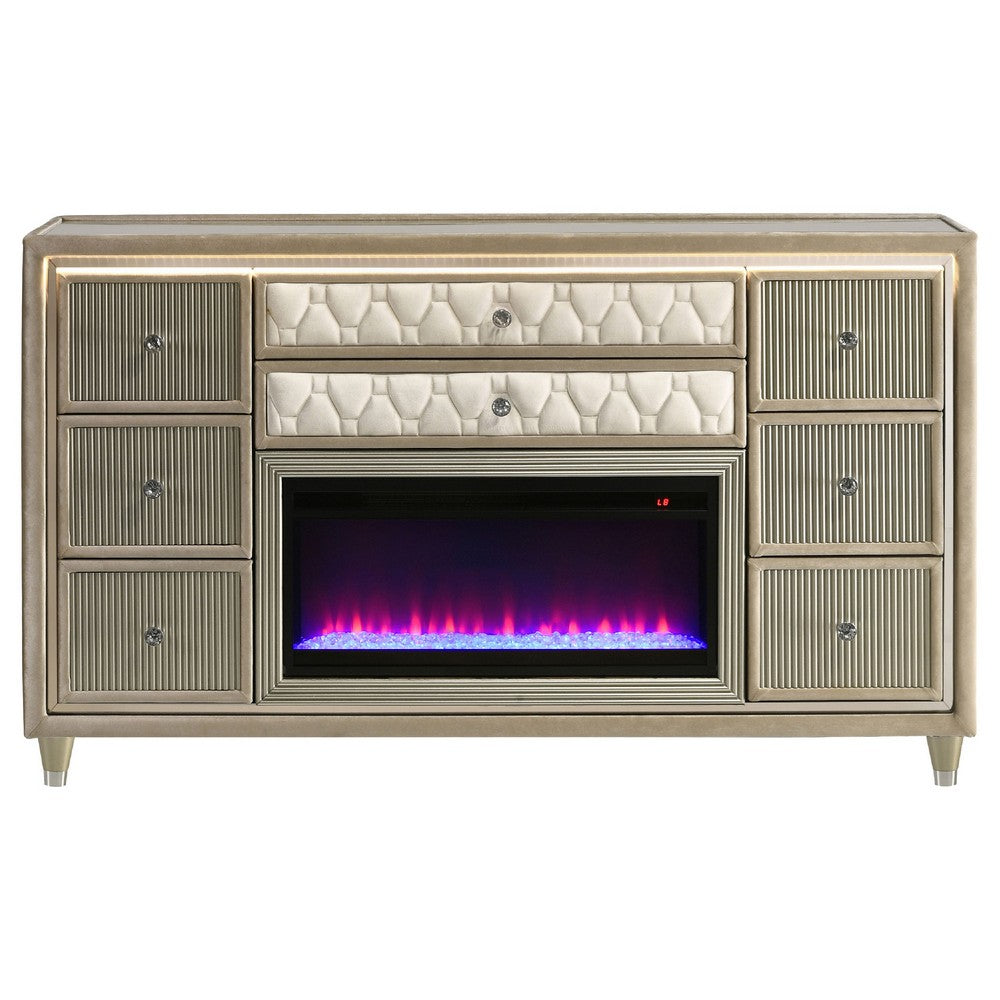 Maren Wide Dresser | 8 Drawers | LED Flame box | Ivory-Camel Velvet