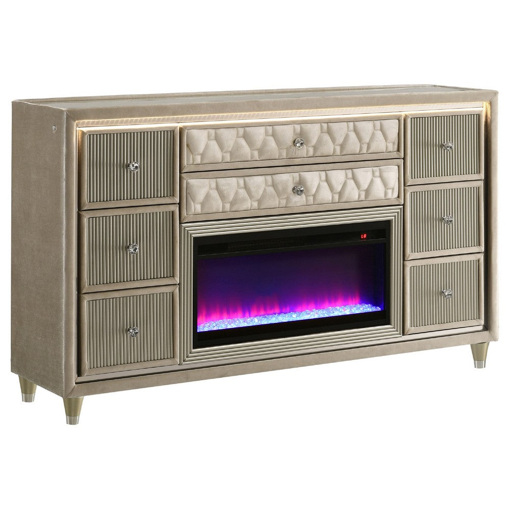 Maren Wide Dresser | 8 Drawers | LED Flame box | Ivory-Camel Velvet