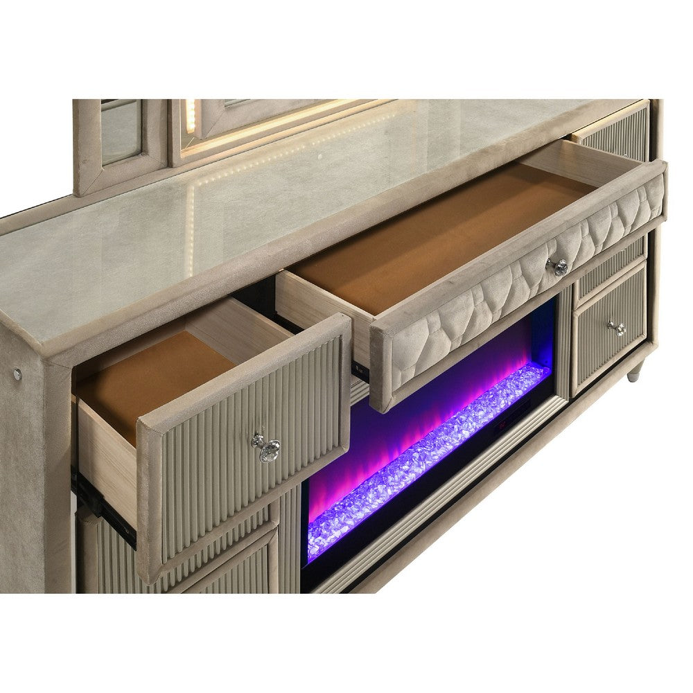 Maren Wide Dresser | 8 Drawers | LED Flame box | Ivory-Camel Velvet