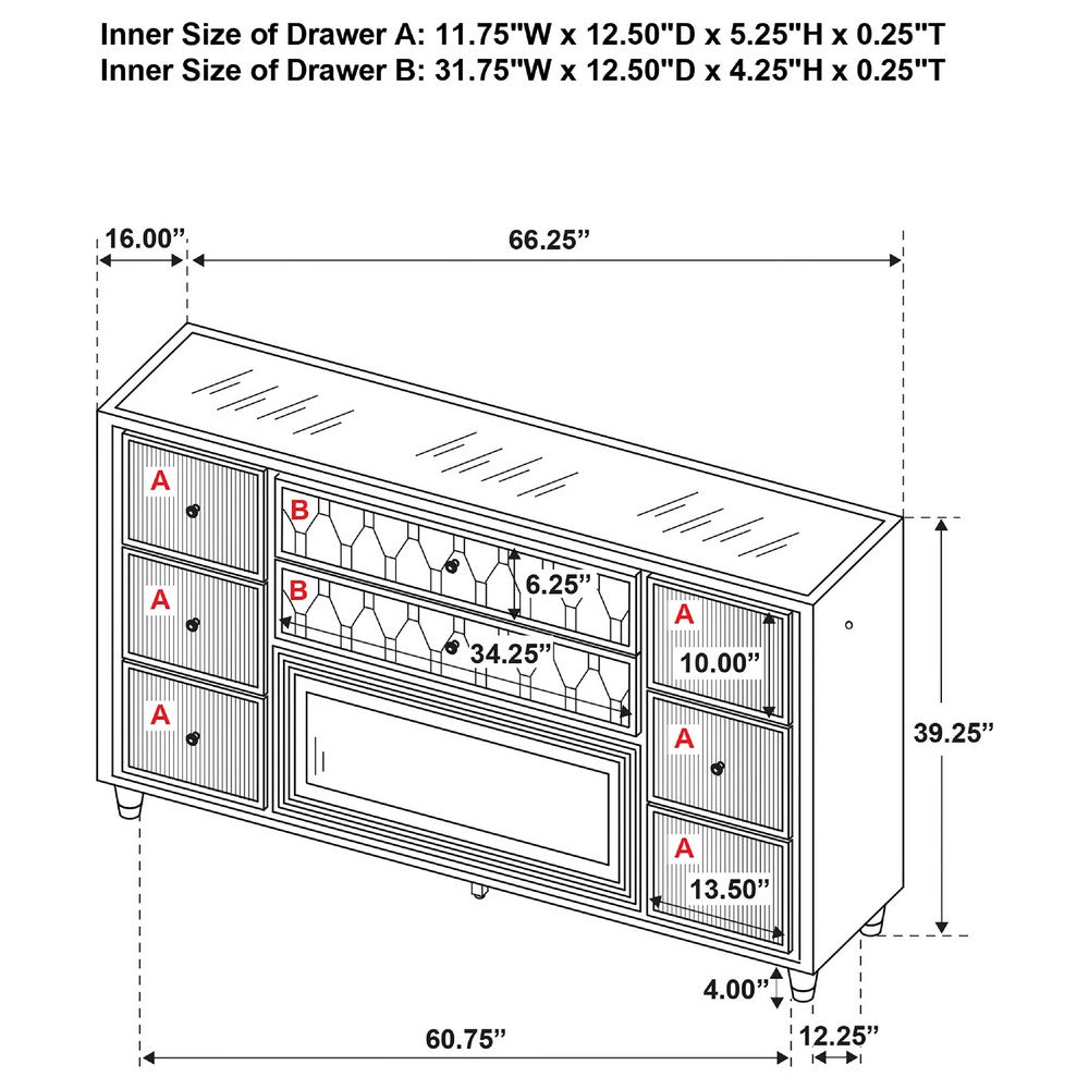 Maren Wide Dresser | 8 Drawers | LED Flame box | Ivory-Camel Velvet