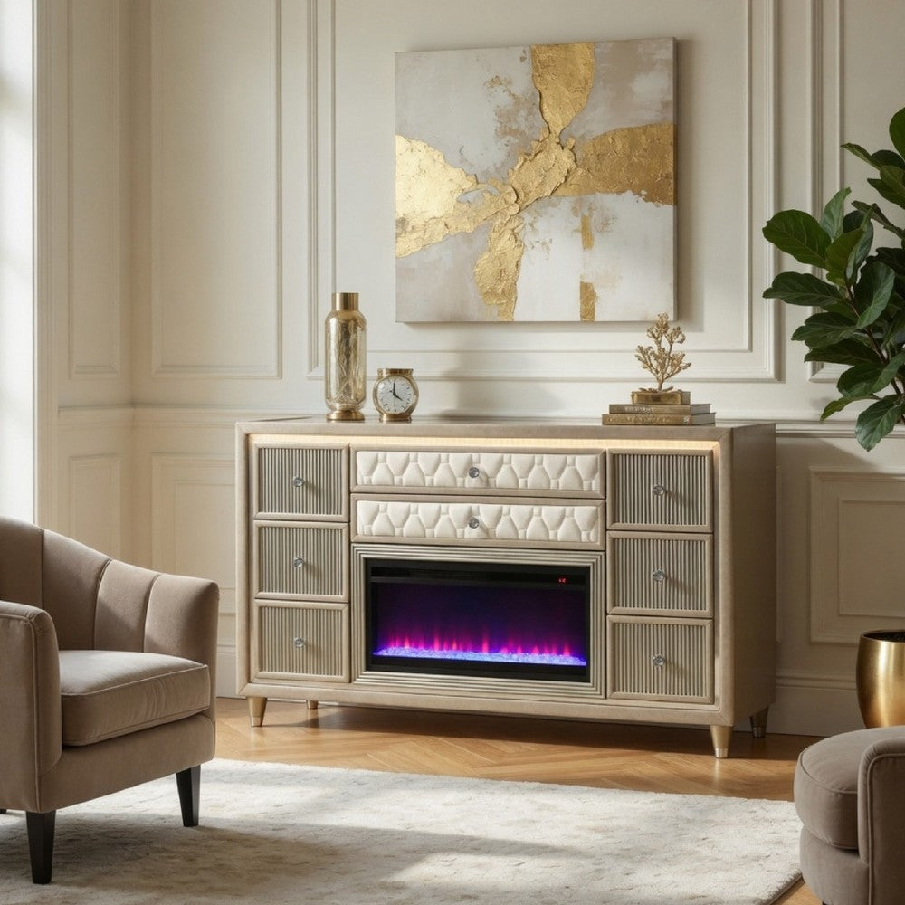 Maren Wide Dresser | 8 Drawers | LED Flame box | Ivory-Camel Velvet