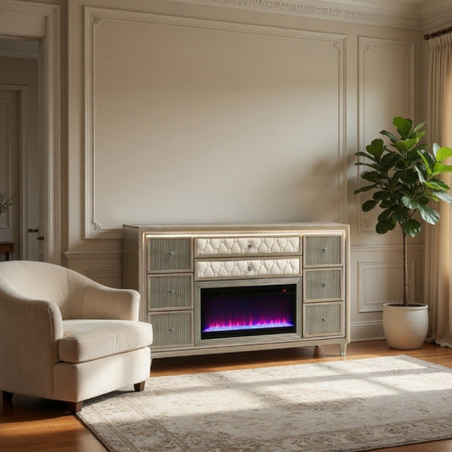 Maren Wide Dresser | 8 Drawers | LED Flame box | Ivory-Camel Velvet