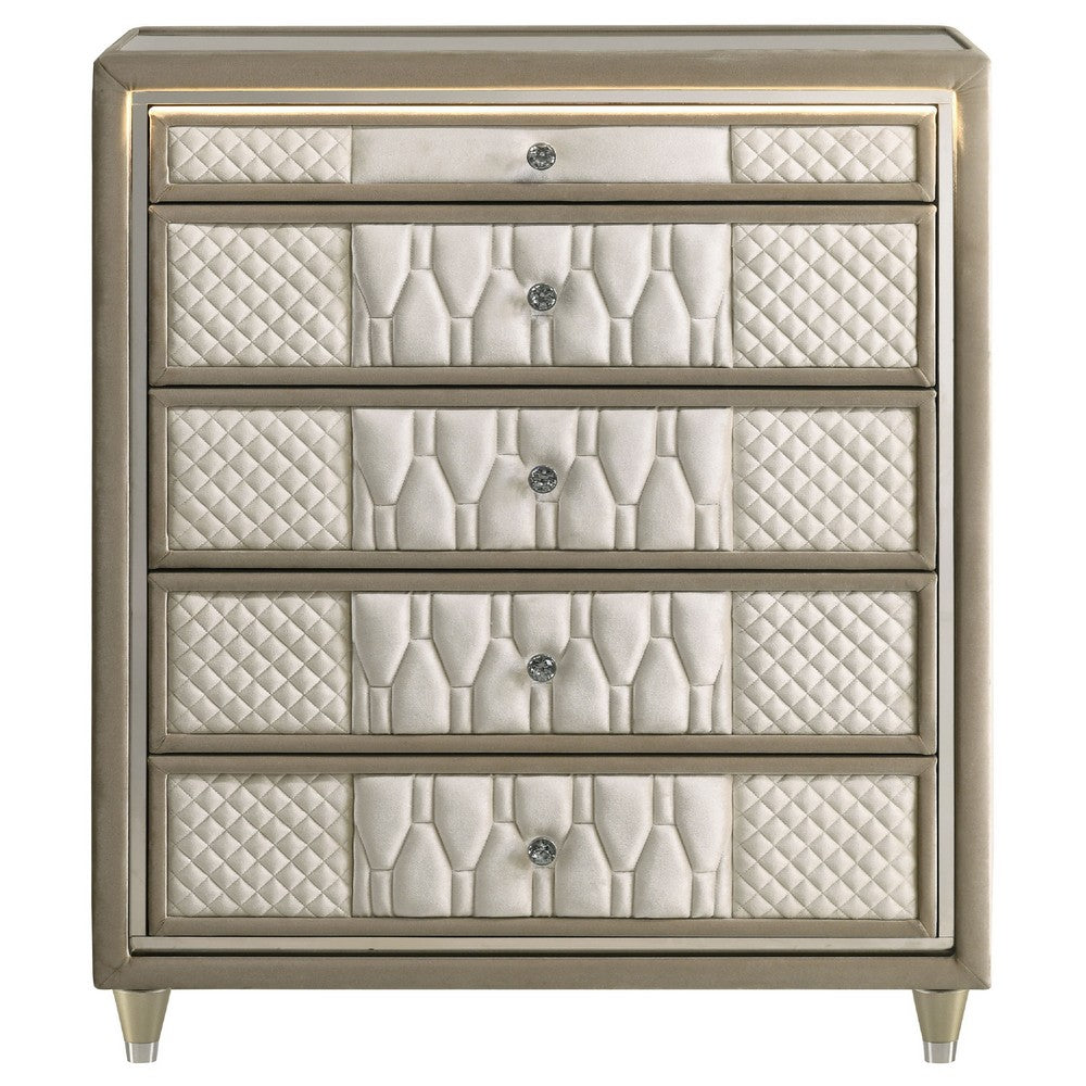 Maren Tall Dresser Chest | 5 Drawers & LED Light | Ivory Tufted Velvet