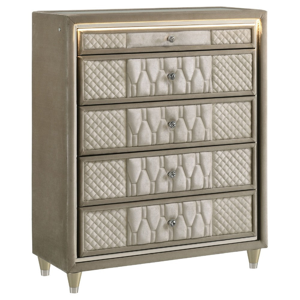 Maren Tall Dresser Chest | 5 Drawers & LED Light | Ivory Tufted Velvet
