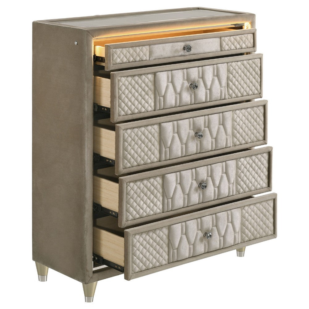 Maren Tall Dresser Chest | 5 Drawers & LED Light | Ivory Tufted Velvet