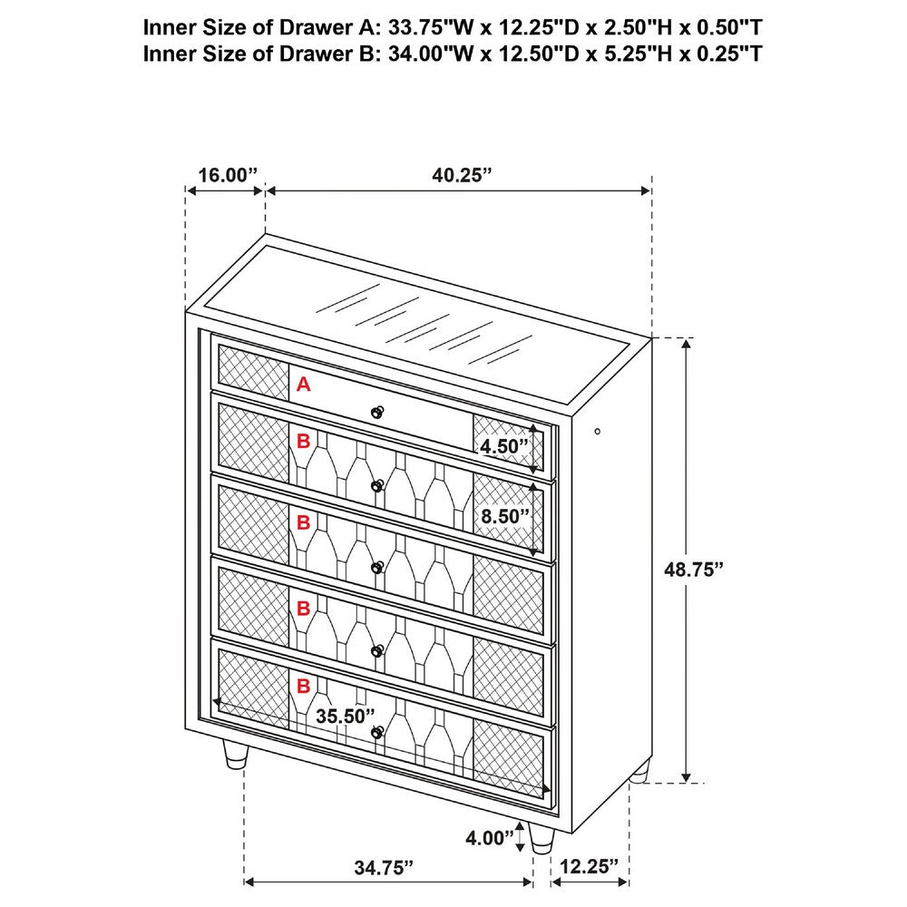 Maren Tall Dresser Chest | 5 Drawers & LED Light | Ivory Tufted Velvet