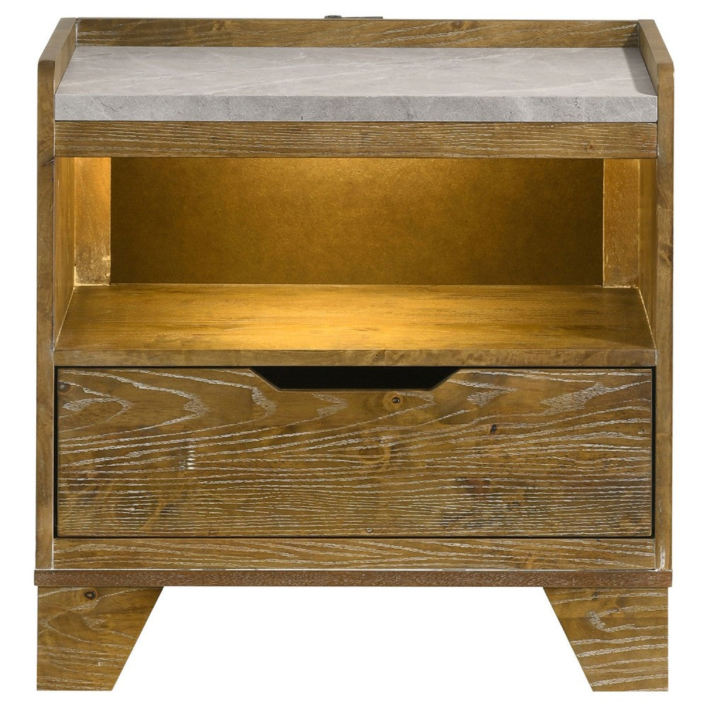 Nolan Nightst& with LED Cubby | Drawer & Marble Top | Brown Wood