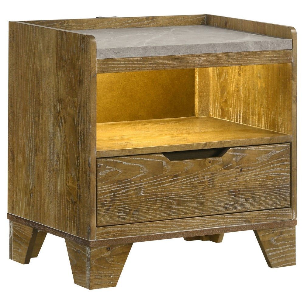 Nolan Nightst& with LED Cubby | Drawer & Marble Top | Brown Wood