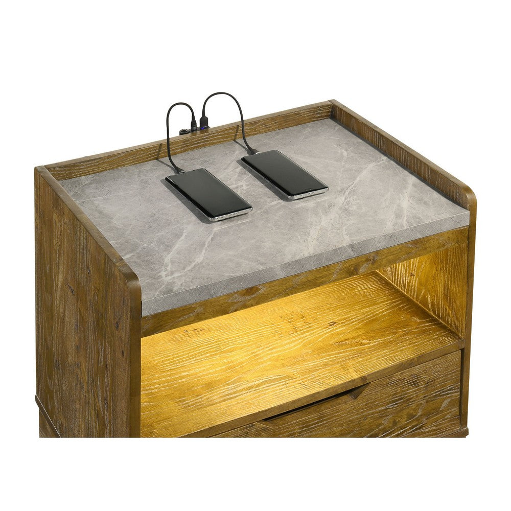 Nolan Nightst& with LED Cubby | Drawer & Marble Top | Brown Wood