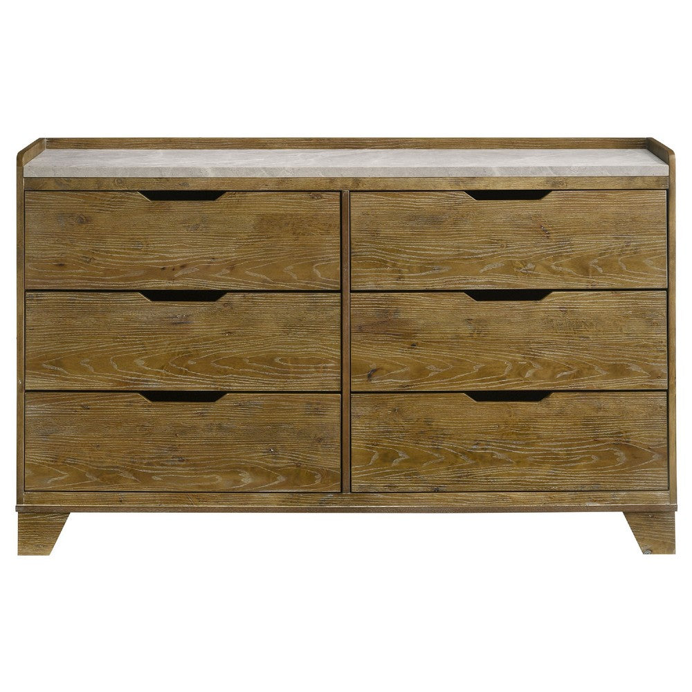 Nolan Wide Dresser with Faux Marble Top | 6 Drawers | Brown Wood