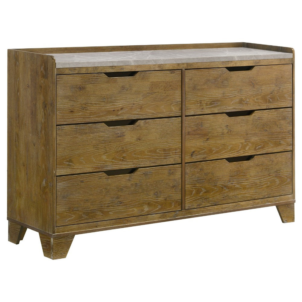 Nolan Wide Dresser with Faux Marble Top | 6 Drawers | Brown Wood