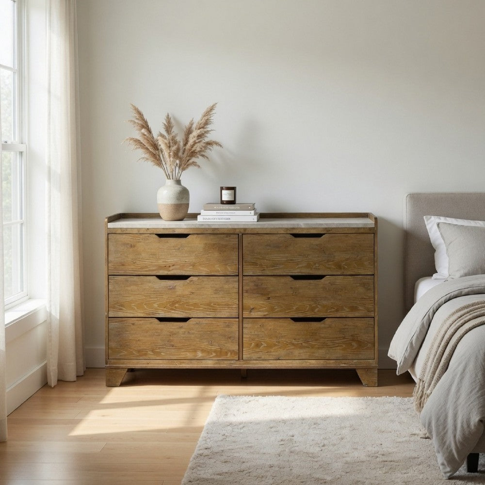 Nolan Wide Dresser with Faux Marble Top | 6 Drawers | Brown Wood
