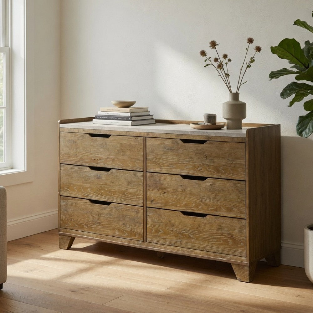 Nolan Wide Dresser with Faux Marble Top | 6 Drawers | Brown Wood