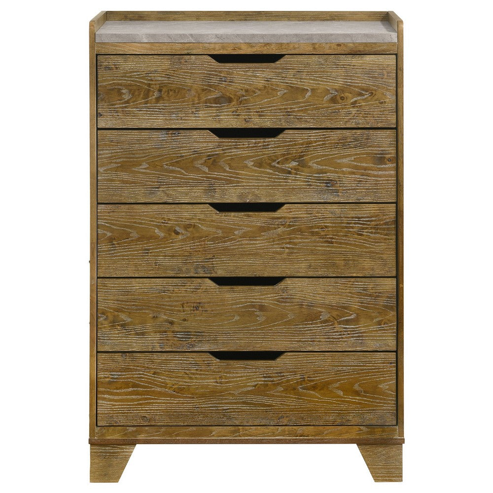 Nolan Tall Dresser Chest with Faux Marble Top | 5 Drawers | Brown Wood