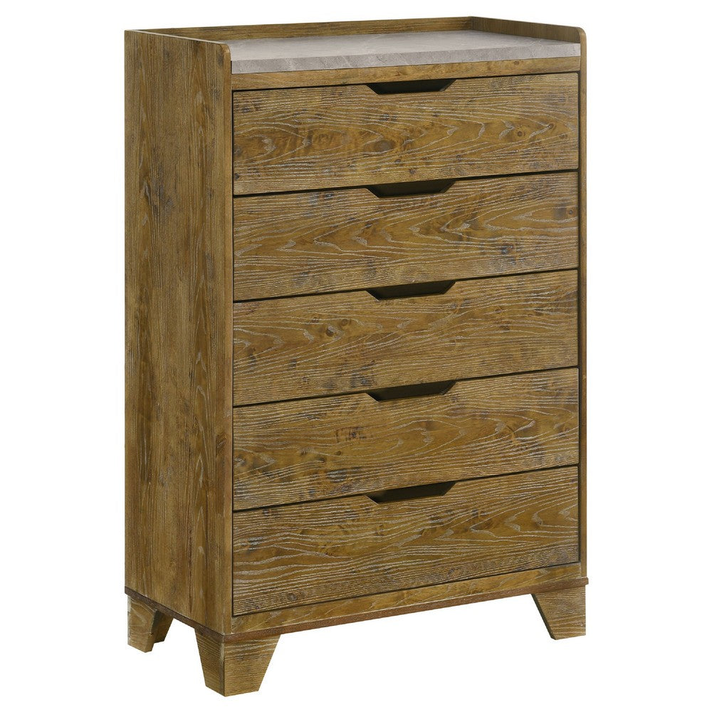 Nolan Tall Dresser Chest with Faux Marble Top | 5 Drawers | Brown Wood