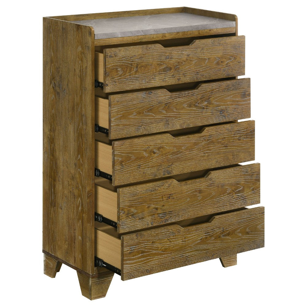 Nolan Tall Dresser Chest with Faux Marble Top | 5 Drawers | Brown Wood