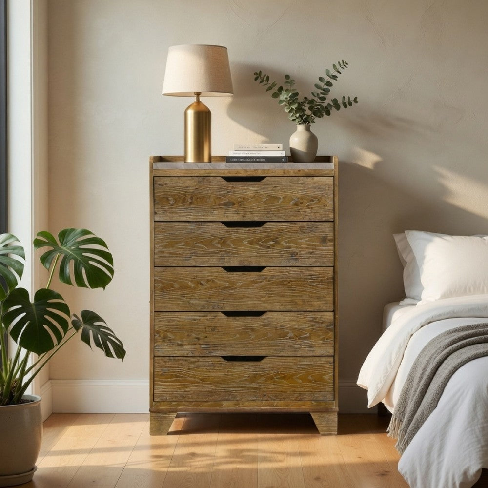 Nolan Tall Dresser Chest with Faux Marble Top | 5 Drawers | Brown Wood