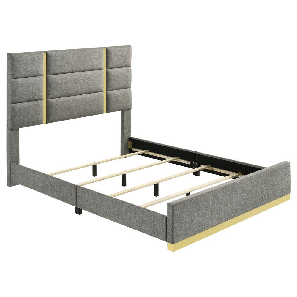 Orion Queen Panel Bed with Gold Trim | Wood Frame | Gray Chaneled Fabric