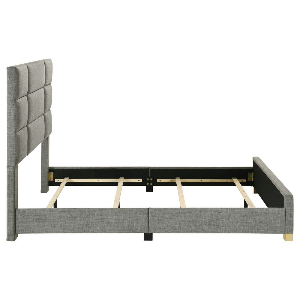 Orion Queen Panel Bed with Gold Trim | Wood Frame | Gray Chaneled Fabric