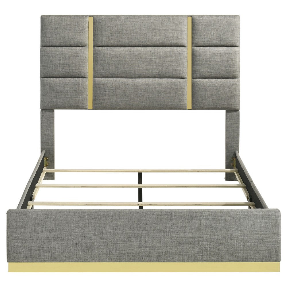 Orion Queen Panel Bed with Gold Trim | Wood Frame | Gray Chaneled Fabric